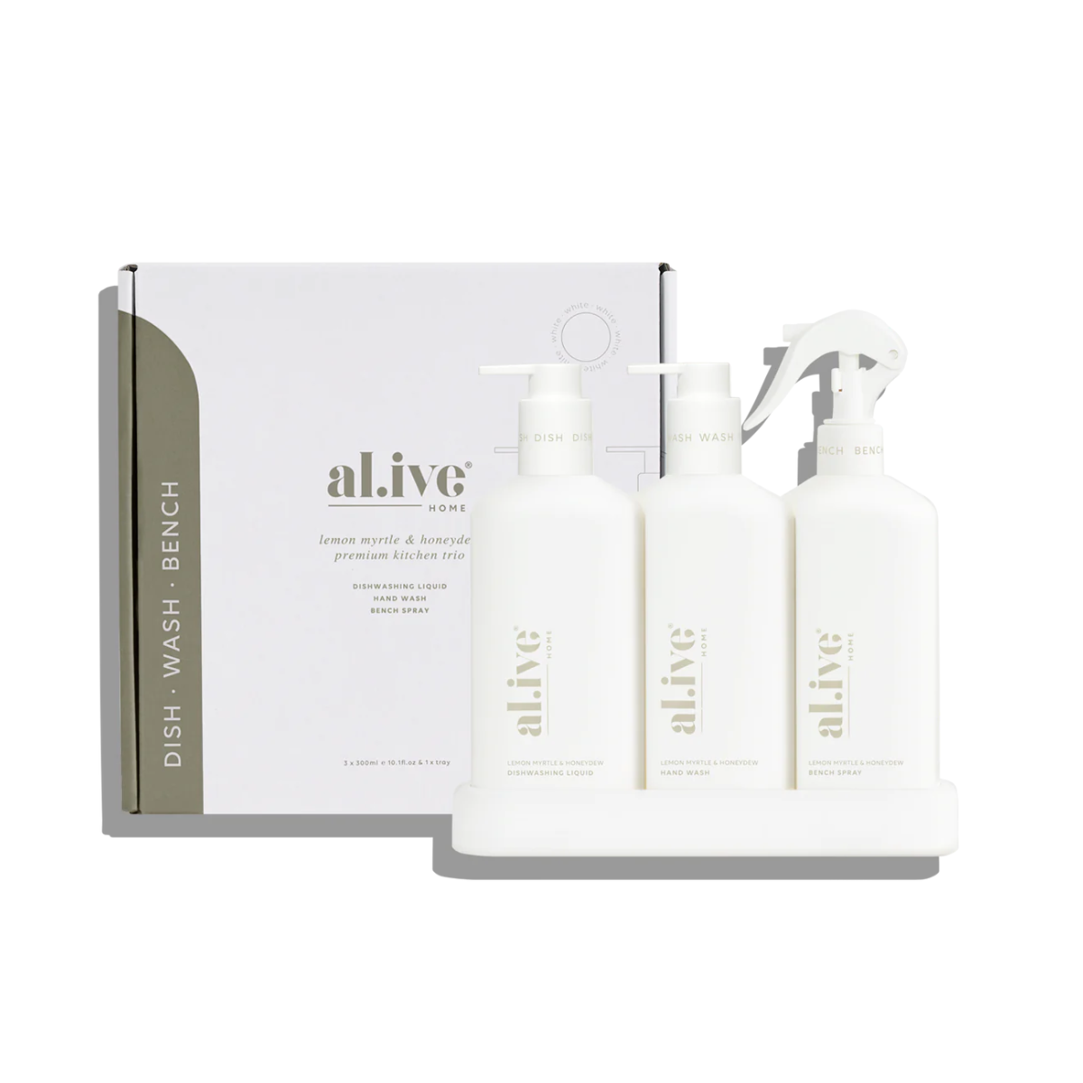 al.ive Kitchen Trio - Lemon Myrtle & Honeydew (Dishwashing Liquid, Bench Spray,  Hand Wash)