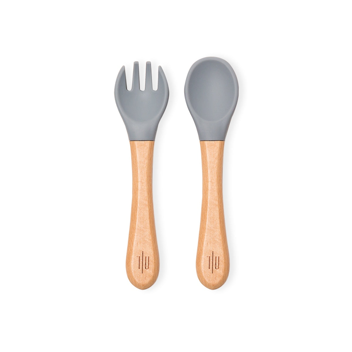 Silicone/Beech Wood Fork and Spoon Set -Blue-grey